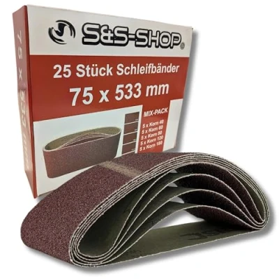 Afbeelding van 25 stuks geweven schuurbanden, 75 x 533 mm, elk 5 korrel 40/60/80/120/180, voor bandschuurmachines, hout en metaal, mix set, schuurpapier