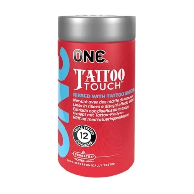 Afbeelding van ONE® Tattoo Touch Condooms Getextureerd met unieke op tatoeages geïnspireerde ontwerpen Veganistisch, niet GMO, natuurlijke rubberlatex 12 stuks