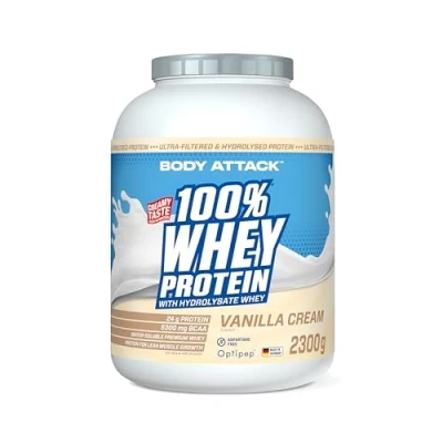 Afbeelding van Body Attack 100% Whey Proteïne Vanilla, 2,3 kg, Made in Germany, extra romig eiwitpoeder met hydrolysaat en BCAA, ondersteunt spieropbouw diëten