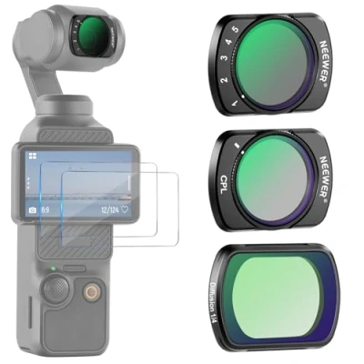 Afbeelding van NEEWER Set van 3 magnetische filters ND2 32, 1/4 zwarte diffusie en CPL filter, compatibel met DJI Osmo Pocket 3, actiecamera accessoires 2 displaybeschermfolies meerlaags gehard glas/optisch