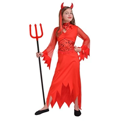 Afbeelding van Red Devil girl costume disguise fancy dress (Size 5 7 years) with pitchfork and headband horns