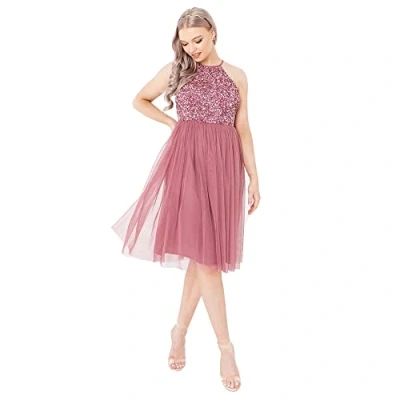 Afbeelding van Maya Deluxe dames midi jurk met halterhals tule voor avondafstuderen prom bruiloft bruidsmeisjes baljurk, woestijnroos, 8