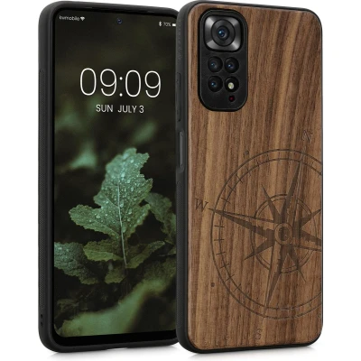 Afbeelding van kwmobile telefoonhoesje geschikt voorXiaomi Redmi Note 11 / 11S Hoesje met bumper walnoothout In donkerbruin Vintage Kompas design
