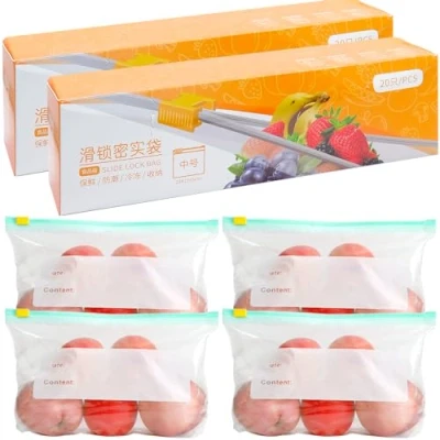 Afbeelding van AMJKEJI 40 x premium vrieszakken voor het bewaren van levensmiddelen, 1 l, kunststof, BPA vrij, herbruikbaar, luchtdicht en lekvrij, Smart Zip Seal