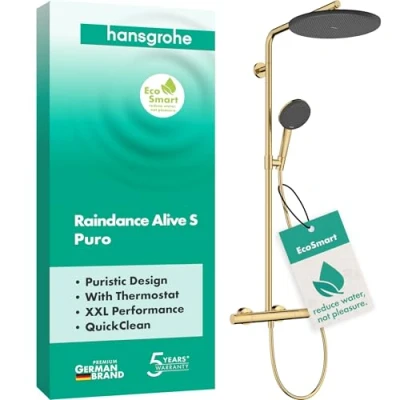 Afbeelding van hansgrohe Raindance Alive S Puro waterbesparend Douchesysteem (EcoSmart) met thermostaat, regendouche douchekraan, handdouche, doucheslang, glijstang en douchekop, polished gold optic, 24593990