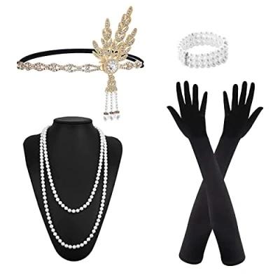 Afbeelding van MIVAIUN 5 delige set accessoires uit de jaren 20, flapper hoofdband, Great Gatsby accessoireset, lange handschoenen, parelketting, oorbellen, modieuze roaring 20 thema voor