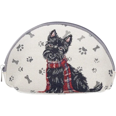 Afbeelding van Make up tas Luxe gobelinstof Scottie Schotse Terrier Zwart hondje Rode Tartan sjaal