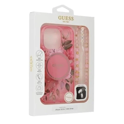 Afbeelding van CG MOBILE Guess HC Telefoonhoesje ontworpen voor iPhone 16 Pro Max, duurzaam, schokbestendig, compatibel met Magsafe, IML bloemen parelriem, roze