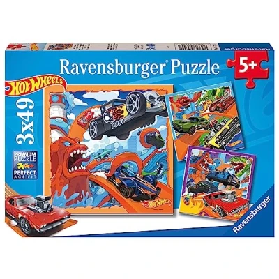 Afbeelding van Ravensburger Hot Wheels puzzel, cadeau idee voor kinderen vanaf 5 jaar, educatief en stimulerend spel, 3 puzzels met 49 delen