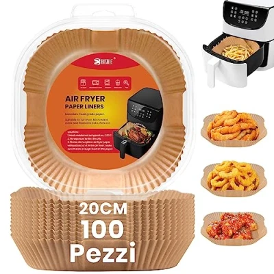 Afbeelding van BISNIE Bakpapier voor heteluchtfriteuse, 100 stuks, airfryer, bakpapier, anti aanbaklaag, waterdicht, oliebestendig, wegwerpschalen, luchtfriteuse, perkamentpapier, liner
