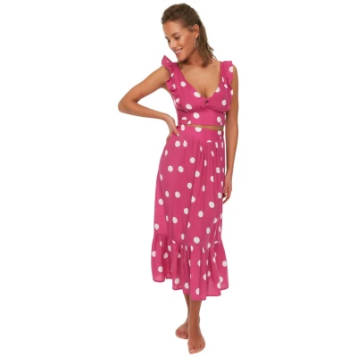 Afbeelding van Trendyol Khaki Polka Dot Geweven Flounce Blouse Rok Strandset Tbess19Bb0102
