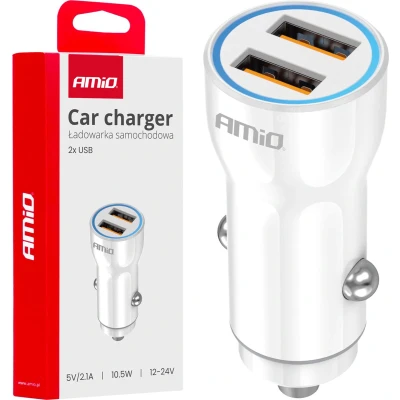 Afbeelding van AMiO Autolader Telefoon 2x USB A 20W 12/24V Wit