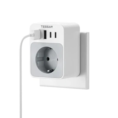 Afbeelding van TESSAN Meervoudige stekkerdoos met 4 USB aansluitingen, oplader, C stekker type F, 3600 W adapter, stopcontact voor telefoon, pad, huis, kantoor