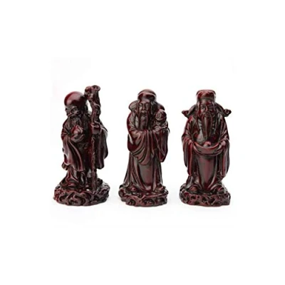 Afbeelding van lachineuse 3 figuren goden Fuk Fuk, LUK en Sau kleur rood 11,5 cm hoogte Chinese decoratie Feng Shui voor thuis, kantoor binnen cadeau idee China