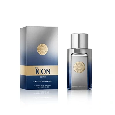 Afbeelding van The Icon Elixir d&#039;Antonio Banderas Eau de Parfum voor heren, langdurig, frisse, elegante en sexy geur, kruidige, marineblauwe houtachtige noten, ideaal speciale evenementen, 50 ml