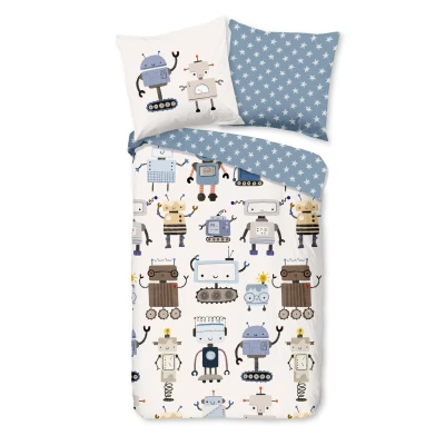 Afbeelding van Dekbedovertrek voor Kinderen 135x200 cm Robot Print Blauw/Wit 1 Persoons 100% Katoen