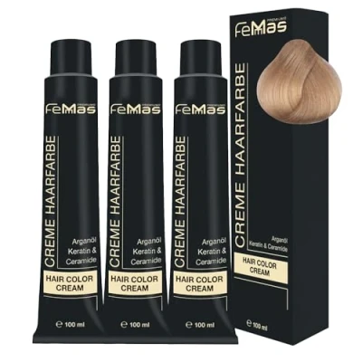 Afbeelding van FemMas haarkleur licht lichtblond goud 10.3 I professionele crème in blond met voedende arganolie, keratine en ceramiden als permanente haarkleuring of kleuring, 3 x 100 ml