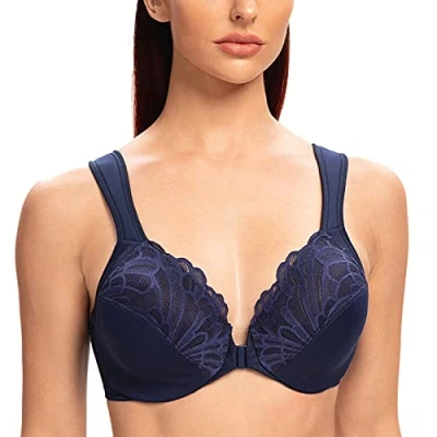 Afbeelding van MELENECA Dames beha voorsluiting grote maten met beugel kant zonder vulling Blauw 105H