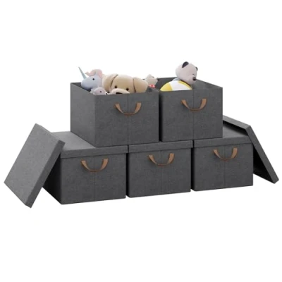 Afbeelding van WOLTU ABB03gbn 5 Opbergdozen, delige set, doos met deksel, handgrepen, opbergmand opvouwbaar, stoffen doos, organizer box, kist voor speelgoedkleding, vouwdoos, grijs, 43 x 26 33 cm