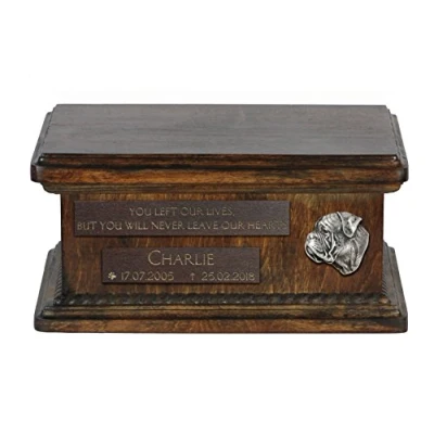 Afbeelding van Art Dog Custom Low Memorial Urn Handgemaakt koud gegoten bronzen portret op berkenbasis Gepersonaliseerde hondencrematiedoos 8,3x11,4x4,3 Bullmastiff