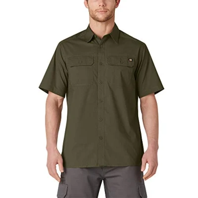 Afbeelding van Dickies Ripstop overhemd met korte mouwen voor heren, casual pasvorm button down kraag, legergroen, S