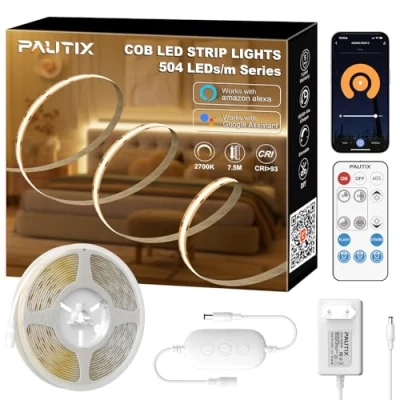Afbeelding van PAUTIX COB ledstrip, warm wit, 2700 K, 7,5 m, 504 leds/m, dimbaar, 24 V, flexibele ledstriplichtset met RF afstandsbediening/Smart app/Alexa besturing en voeding, CRI90+ helderheid voor doe het zelf