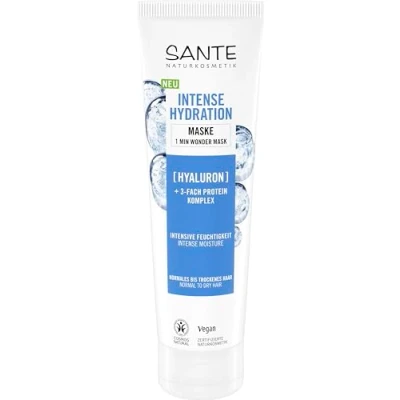 Afbeelding van SANTE Naturkosmetik Intense Hydratie haarmasker met hyaluronzuur + 3 voudig proteïnecomplex, veganistisch vochtmasker voor droog haar, verzorgingsmasker aloë vera en mango extract, 150 ml