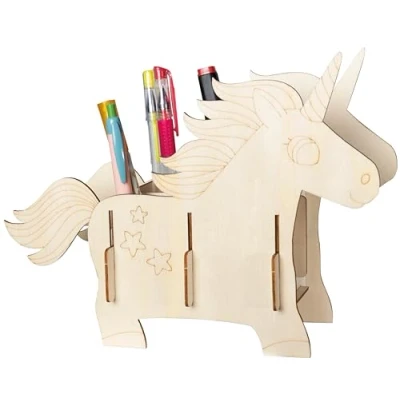 Afbeelding van Pebaro 477/1 houten bouwset laser gesneden pennenhouder eenhoorn, 3D puzzel, knutselen met hout, voorgesneden plaat, incl. schuurpapier, uitbreken, in elkaar steken, klaar,