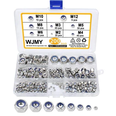 Afbeelding van WJMY Zelfborgende moeren, zeskantmoeren, 200 stuks, 304 roestvrij staal, borgmoeren, stopmoeren, M2, M3, M4, M5, M6, M8, M10, M12