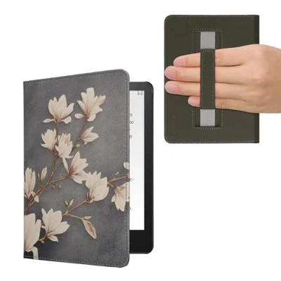 Afbeelding van kwmobile flip cover geschikt voor Amazon Kindle Paperwhite 11. Generation 2021 Case met magnetische sluiting Hoes e reader in taupe / wit blauwgrijs Magnolia design