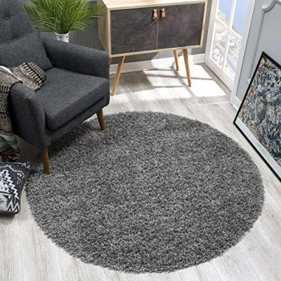 Afbeelding van SANAT Vloerkleed rond grijs hoogpolig, moderne tapijten voor woonkamer, slaapkamer, eetkamer of kinderkamer, afmeting: 120x120 cm