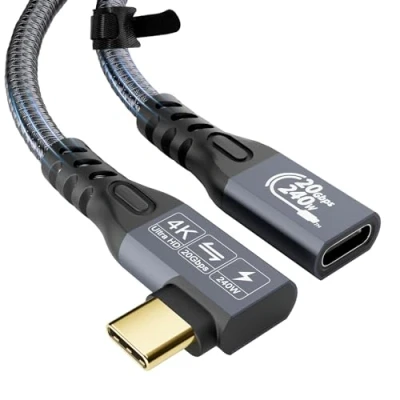 Afbeelding van YIWENTEC USB C kabel naar 3.2 male vrouwelijke Gen2 ¡Á 2 type oplaadkabel, 20 Gbps gegevensoverdracht, 240 W 48 V/5 A snellaadkabel, 4K @ 60Hz video overdracht (hoek, 3M)