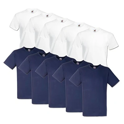 Afbeelding van Fruit of the Loom T shirt, met V hals, in verschillende maten en kleuren, 10 stuks, 5 wit donker marineblauw, L