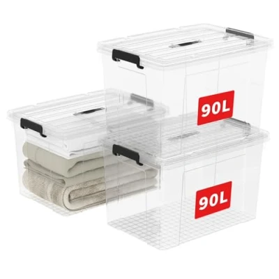 Afbeelding van Cetomo 90L*3 Plastic Opbergdoos, Draagdoos, Organiserende Container met Duurzaam Deksel en Veilige Sluitende Gespen, Stapelbaar Nestbaar, 3Pack, Helder Zwarte Gesp