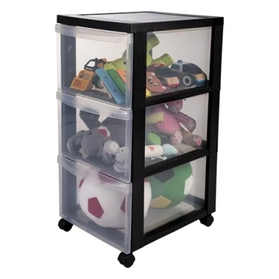 Afbeelding van Iris Ohyama, Toren, Ladekast, Kunststof opbergorganizer met ergonomisch handvat, 15L, 3 lades, wielen, BPA vrij, Kantoor, Slaapkamer, Woonkamer, DC 303, zwart