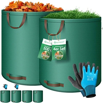 Afbeelding van KESSER® Tuinafvalzak Tuinzak Set Bladzak incl. Handschoenen Zelf Staand 4 Handvatten Stabiel Robuust &amp; Opvouwbaar Bladzakken Maaisel Tuinzakken voor Tuinafval Groenafval 4x 500 Liter, Groen