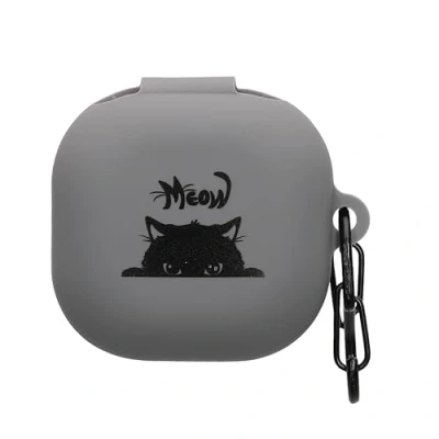 Afbeelding van kwmobile Hoes geschikt voor Samsung Galaxy Buds FE Siliconen cover oordopjes in grijs / zwart Kat Meow design