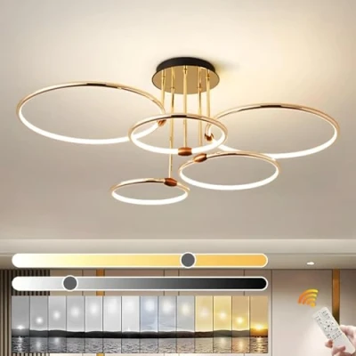 Afbeelding van YYUTLUO LED Plafondlamp, Ø93cm Gouden Metalen Cirkel Kroonluchter 108W Traploos Dimbaar 3000 6000K, Moderne Ronde Gegalvaniseerde Hanger, Slaapkamer Wonen Kinderen Kantoor Studeerkeuken Hal (5 Ringen)