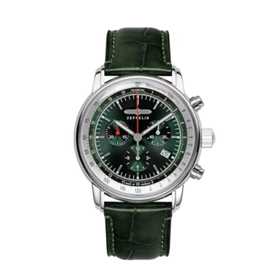 Afbeelding van Zeppelin Serie LZ14 Marine met krokodillenlook lederen band, zilverkleurig/groen