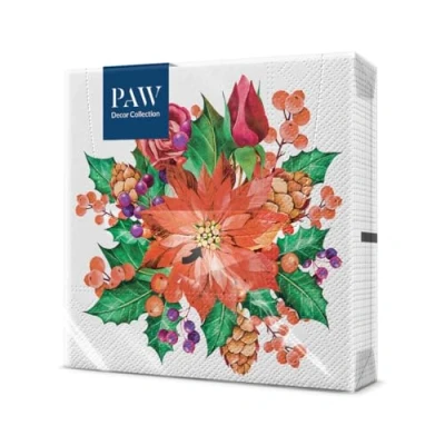 Afbeelding van PAW Papieren Servetten 3 laags (33 x 33 cm) 20 Stuks Gedrukt met Inkt op Waterbasis Creëer de Kerstsfeer Voor een Vrolijke Kerstfeest en Winter Kleur: Poinsettia With Cones