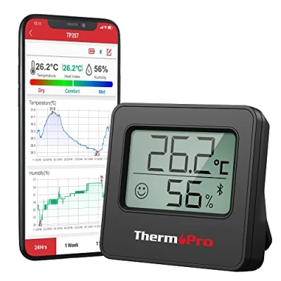 Afbeelding van ThermoPro TP357 Kamerthermometer, thermometer hygrometer, Bluetooth 80m, digitaal, met app, luchtvochtigheidsmeter smiley aanduiding en grafiek zwart
