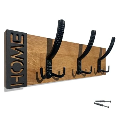 Afbeelding van FLEXISTYLE Kledinghaken, modern, eiken, wandkapstok, houten eiken design, lamellen, zwart, natuur, 3 dimensies (eiken, 40 cm)