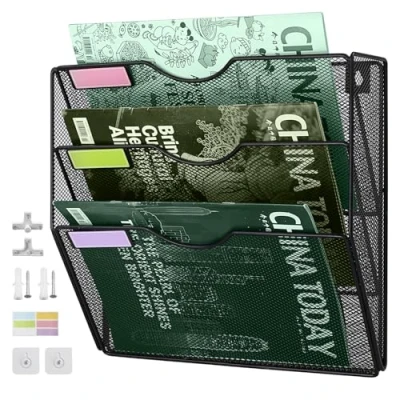 Afbeelding van IOUGDSEC 3 Tier Mesh Opknoping File Organizer Verticale Muur Bestand Houder voor Office School Home, Nametag Label Haken Set Inbegrepen