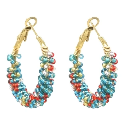 Afbeelding van Oorbellen Glaskralen Oorringen RVS 3 cm Goudkleurig en Blauw