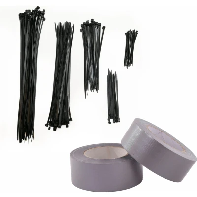 Afbeelding van Kortpack Set Van 5 Maten Kabelbinders + 2 Rollen Duct Tape Zwart/ Grijs (5 X 100 tape)