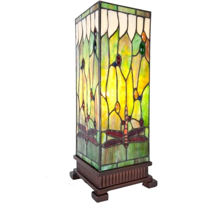 Afbeelding van LumiLamp Tiffany Tafellamp 18x18x45 cm Groen Bruin Glas Vierkant Libelle Bureaulamp