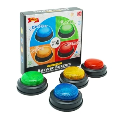 Afbeelding van Gelabur Set van 4 zoemers voor trivia spellen, antwoordzoemers klaslokaal, familievete, gedrevenzoemer, spelzoemers met licht en geluid spelshow, zoemerknoppen