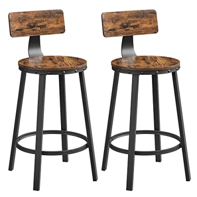 Afbeelding van VASAGLE Barkrukken, Keukenkrukken, Set van 2 hoge barkrukken met rugleuning, stalen frame, 62,5 cm zitting, eenvoudige montage, industrieel, rustiek bruin en zwart LBC076B01