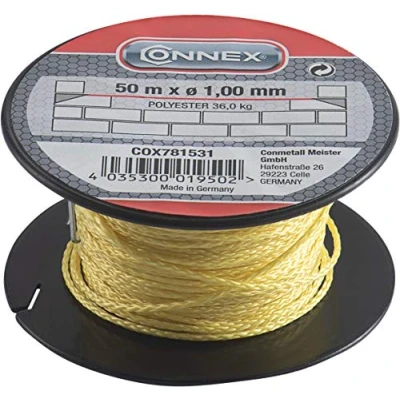 Afbeelding van Connex COX781531 Metselsnoer geel 50 m lengte Ø 1,0 mm polyester knoopvast scheurvast en belastbaar op spoel/richtsnoer/bouwsnoer/soldeersnoer/pleistersnoer /