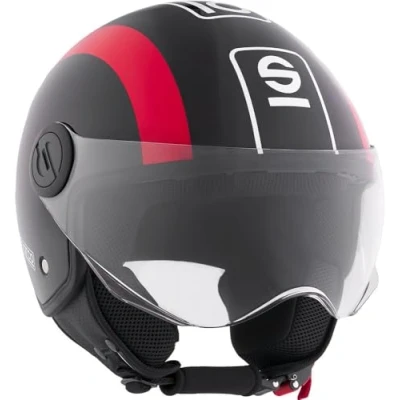 Afbeelding van Sparco Riders SP601 Demi Jet Motorcycle Helmet, Scooter Helm ECE 22.06 Gehomologeerd, met Anti Kras Vizier en Micrometric Release, ZWART/ROOD, XS